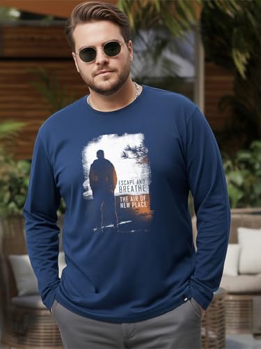 Bewakoof Men's Graphic Print Regular Fit Full Sleeve Round Neck Cotton Plus Size T-Shirt_694247_Blue_3XL