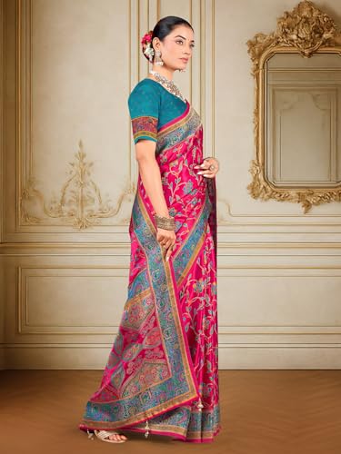 Glory Sarees Women’s Luxurious Dola Satin Pure Silk Original Saree Position Print Work Madhubani Inspired Motifs Banarasi Kanjivaram Style Saree With Blouse Piece (Elegant105_Pink)