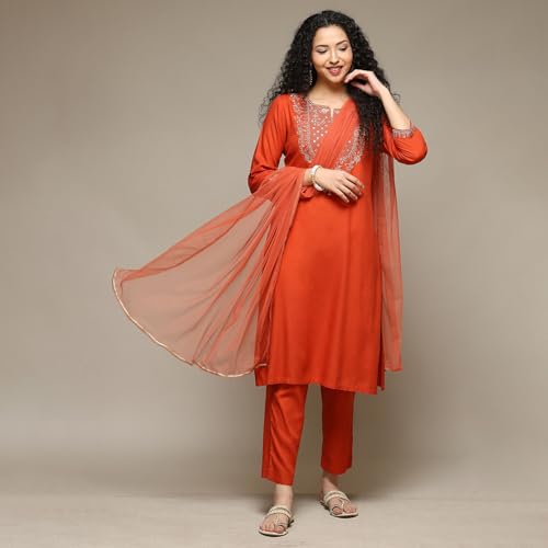 BIBA Women's Rayon Kurta Suit Set (SKDASRTD8492ESS23BUNTORG_Burnt Orange