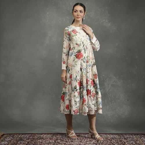 BIBA Women's Cotton Blend Mini Dress (CKD10954AW24IVRY_Ivory