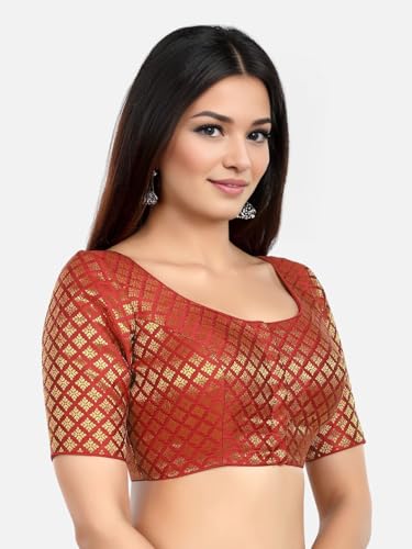 Biyu Women's | Designer Blouse for Sarees | Brocade Woven Design Round Neck Elbow Half Sleeves Readymade Saree (Maroon, 36)
