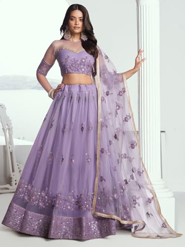 Zeel Clothing Women's Cotton Thread Sequins Work Embroidery Soft Net Readymade Lehenga Choli Set With Dupatta (Nfh-2202-Lavender-Women-Lehenga-Choli-Latest; Free Size)