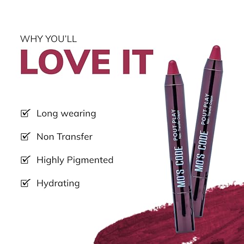 MO'S CODE-Pout Play-Non Transfer Crayon |Waterproof & Smudgeproof|Long wearning|Hydrating|Enriched with Vitamin E, Jojoba Oil, Shea Butter| 3 gm|