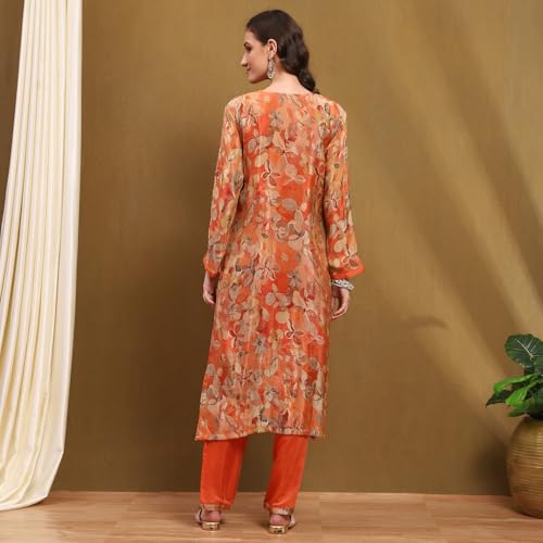 BIBA Women's Orange Viscose Blend Printed Unstitched Suit Set