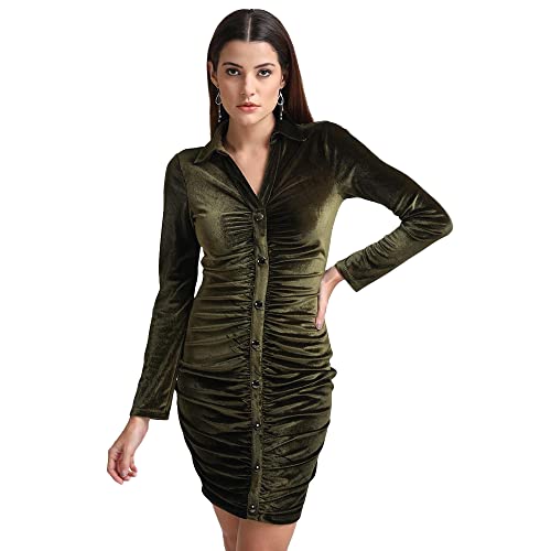 Kazo Embellished Velvet Cowl Neck Womens Mini Dress (Olive, Large)