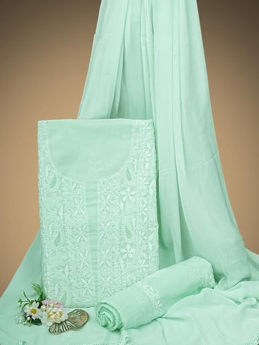 Ada Hand Embroidered Lucknowi Chikankari Unstitched Cotton Dress Material Suit Piece with Dupatta for Women 01A773770 Celadon Green