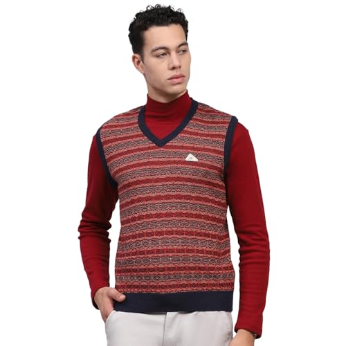 Monte Carlo Mens Striped Maroon V Neck Sleeveless Sweater (1239219SL-1-46)