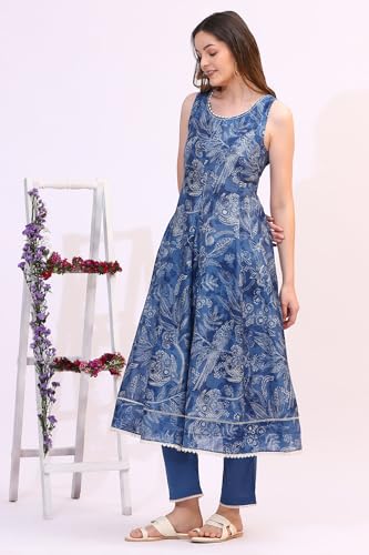 W for Woman Ink Blue Floral Printed Sleeveless Pure Cotton Anarkali Kurta, Pants and Dupatta Set (Size:3XL)-WS11579