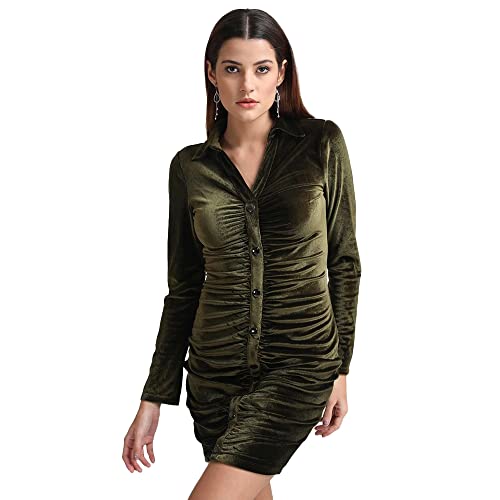 Kazo Embellished Velvet Cowl Neck Womens Mini Dress (Olive, Large)