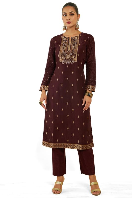 Soch Womens Maroon Silk Suit Set with Zari and Zardosi Embroidery