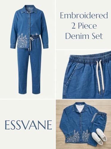 ESSVANE Denim Co Ord Set for Women || Denim Jacket and Pant Set || Embroidered Co Ord Set with Crop Jacket and Pants With Pockets (Mid Blue, M - 30 Waist)