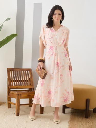 Latin Quarters Women Peach Printed Half Sleeves Casual Dress_XL
