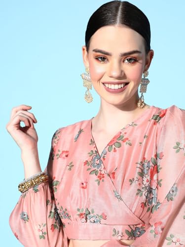 Peach Floral Wrap Crop Top With Anarkali Skirt