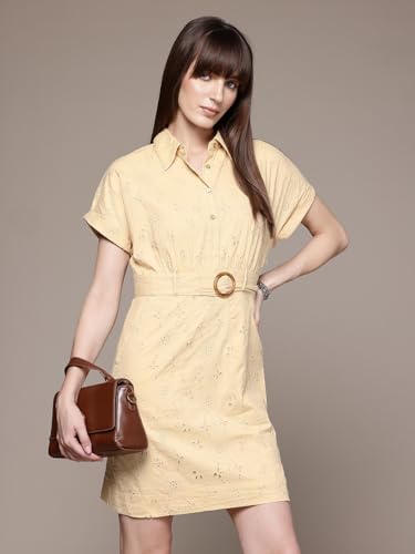 Label RITU KUMAR Ecru Fashion Flair Collar Neck Short Dress with Belt