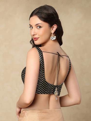 S SALWAR STUDIO Black Round Neck Embroidered Sleeveless Readymade Saree Blouse