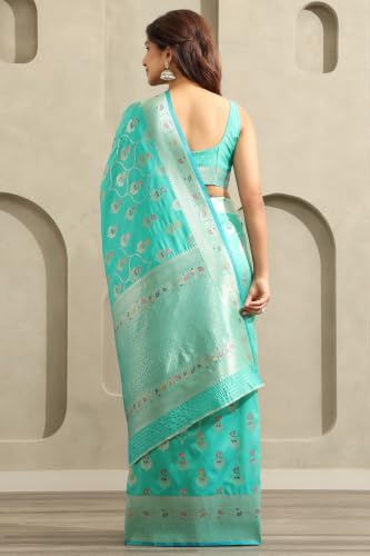 Soch Womens Teal Dola Silk Botanical Zari Woven Saree With Stone Work