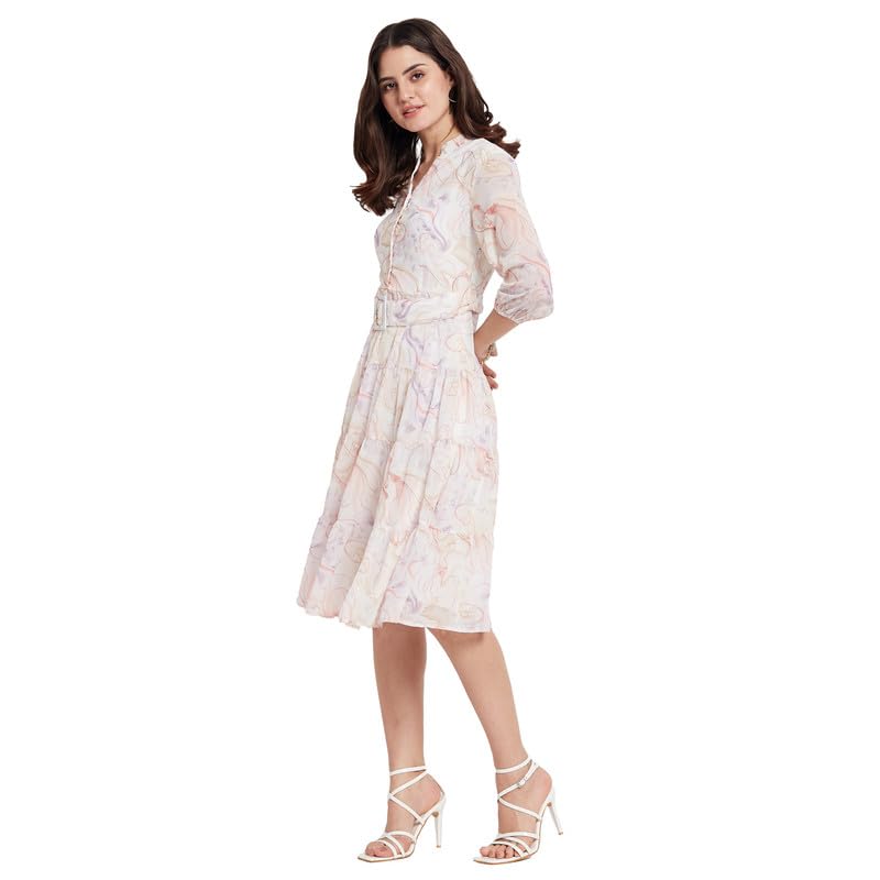 METTLE Printed Mandarin Collar Tiered Fit & Flare Dress Lilac