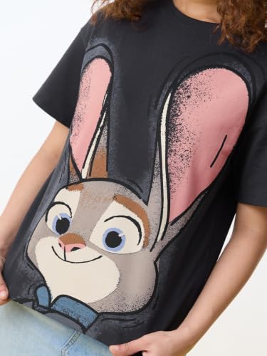 The Souled Store Disney: Judy Hopps Women and Girls Short Sleeve Round Neck Charcoal Grey Graphic Printed Cotton Oversized Breathable Fabric Casual Streetwear T-Shirts