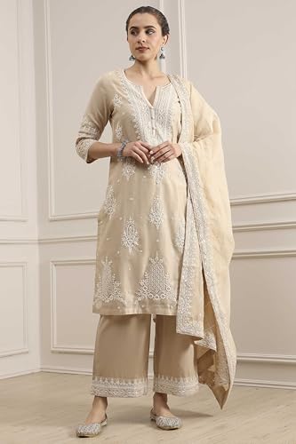 Biba Women Natural White Chanderi Straight Dyed Suit Set_38