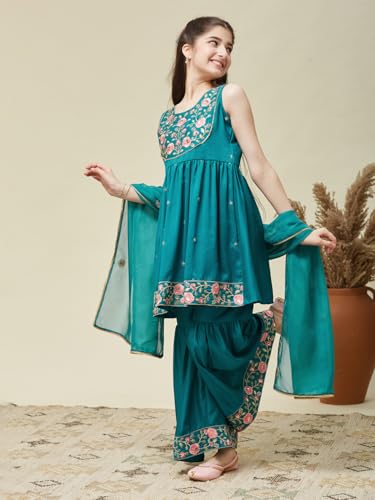 CURLY TALES Chinon Embroidered Kurti Sharara Set for Girls | Ethnic Suits for Teens