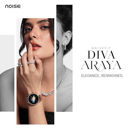 Noise Diva Araya Smartwatch for Women with AMOLED Display (850 Nits), 60 Precision-Set Crystals, Cycle Tracking, Skin Temperature, SOS with Live Location, 100+ Watch Faces - Iconic Silver