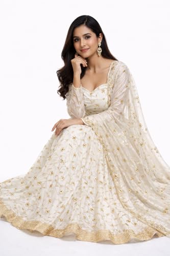 Glinty Chic Women's White and Gold Embroidered Anarkali Gown with Dupatta, Floral Sequin Work, Sweetheart Neck, Ethnic Wear (in, Alpha, M, Regular)