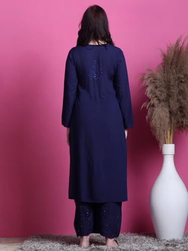 Fashion Chikan Art Women's Lucknowi Rayon Mukaish Chikankari Straight Kurti And Palazzo Set (IN, Alpha, 2XL, Regular, Navy Blue)