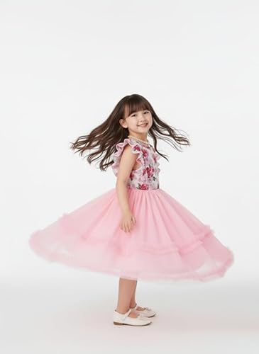 KIYOL Girls Floral Print Layered Party Dress with Ruffle Sleeves and Round Neckline | Elegant Net Fabric Flared Gown for Festive and Special Occasions (Ocean-Pink-2-3 Y)