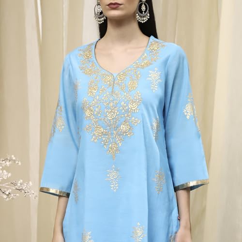 Biba Women Blue Poly Chanderi Fitted Kurta Set_34