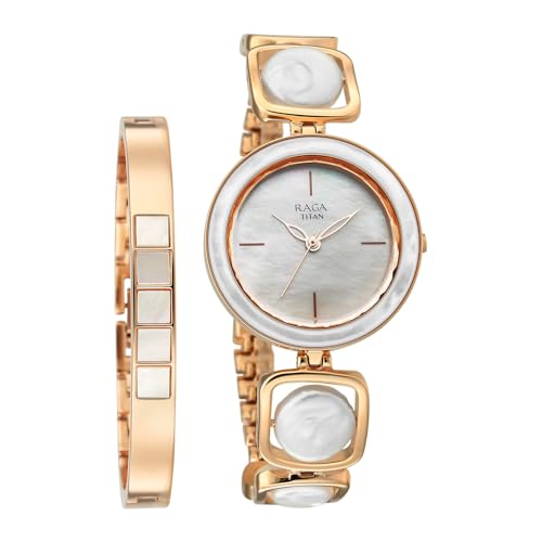 Titan Raga Power Pearls 2.0 with Quartz Analog Mother of Pearl Dial Rose Gold Brass Strap Watch for Women - 95226WM02F