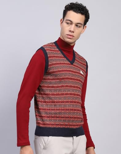 Monte Carlo Mens Striped Maroon V Neck Sleeveless Sweater (1239219SL-1-46)