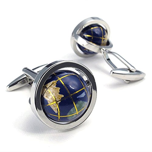 Peora Spinning Globe Earth Blue Formal Cufflinks Set Gift for Men