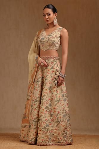 Soch Womens Beige Tissue Botanical Print Ghagra Choli With Thread Work