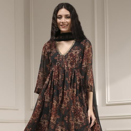Biba Women Charcoal Black Polyester Gathered Printed Suit Set_46