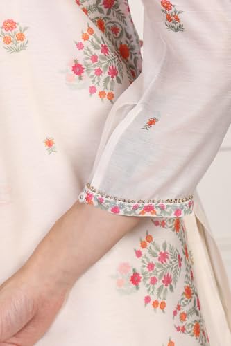 W for Woman Off-White Floral Print Lace Straight Kurta with Inner Flared Pant and Dupatta Set (WS13083-126482-S)