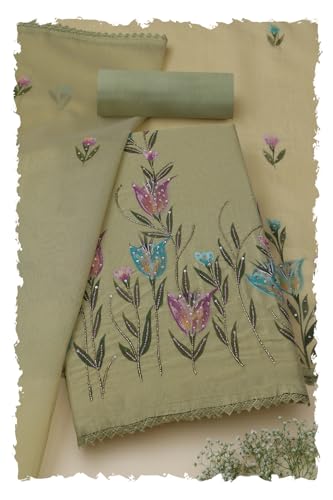 Soch Womens Green Chanderi Floral Print Unstitched Dress Material With Cutdana