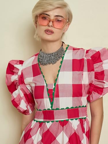 Pink Paprika by Sassafras Women's Pink Big Check A-Line Midi Dress-M