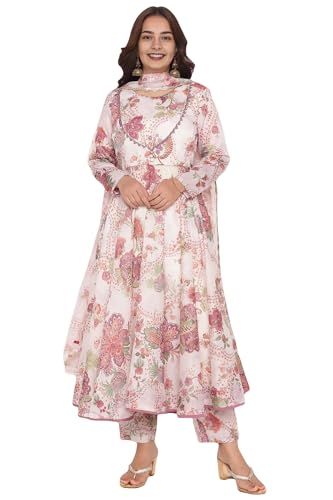 W for Woman Ecru Printed Chanderi Flared Kurta, Straight Pant and Dupatta Set (Size: XL)-WS12929-125978