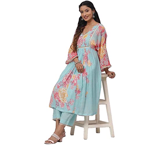 Biba Women's Cotton Printed Straight Salwar Kurta Dupatta (Skdphool Ba8073_Sky Blue_42)