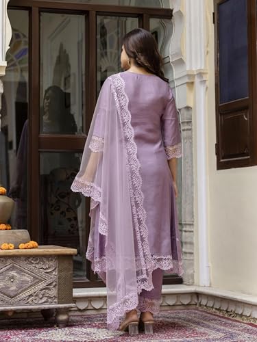 TRENDMALLS Women's Art Silk Embroidery A line Kurta Pant with Dupatta Salwar Suit Set (G278-Purple-XXL-)