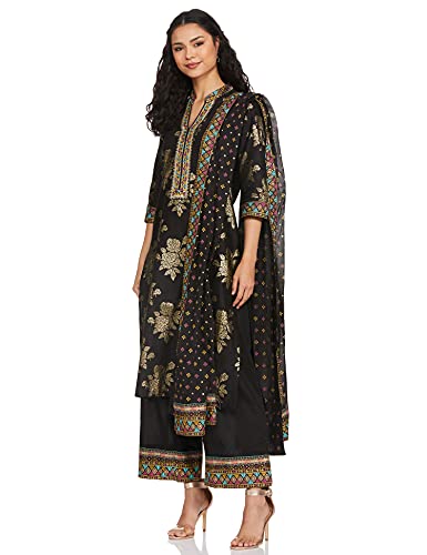 BIBA Women Cotton Printed Straight Salwar Kurta Dupatta(Skdbandhej 7509_Black_36)