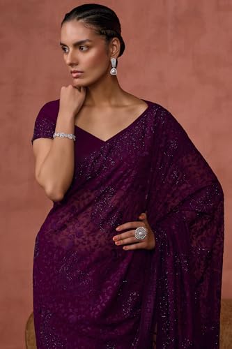 Soch Womens Wine Georgette Embroidered Saree