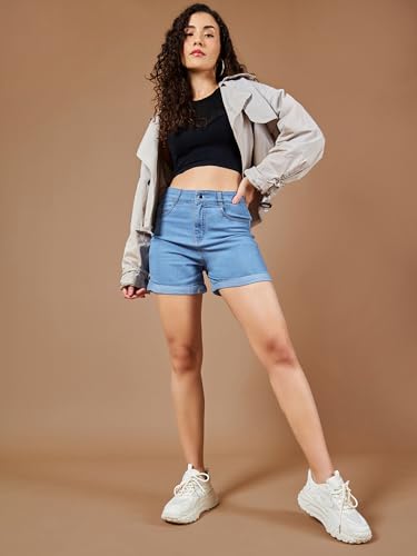 Dolce Crudo Women's Dark-Blue Relaxed-Fit Mid Rise Highly-Distressed Denim Shorts (DOSS24DEN79-16-578-26, Independence Blue, 26)