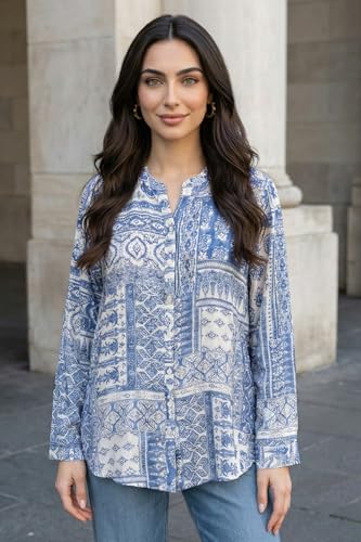 W for Woman Blue Geometric Printed Straight Shirt - (W31489-127115-M)