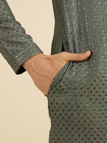 Manyavar Men's Art Silk Embroidery|Sequin Work Kurta Pyjama Set (Olive Green,XXL)