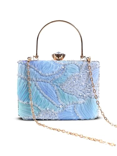 THE TAN CLAN Women's Blue Sequin Beaded Box Clutch Purse | Bridal Wedding Party Evening Handbag | Stylish Ethnic Crossbody Bag with Gold Chain Strap and Metal Handle for Women