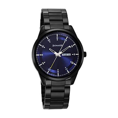 Sonata Force Quartz Analog with Day and Date Blue Dial Black Stainless Steel Strap Watch for Men - NT7146NM01