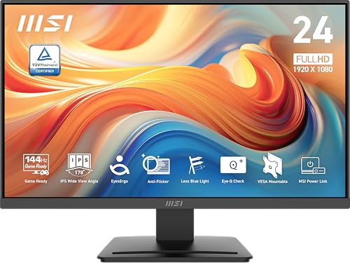 MSI PRO MP243L E14 24" IPS Gaming Desktop Monitor 1920 x 1080 (FHD), 144Hz, Adaptive Sync, HDR Ready, HDMI, VGA Port, VESA Mount, Tilt, 4-Side Slim Bezel, 1ms