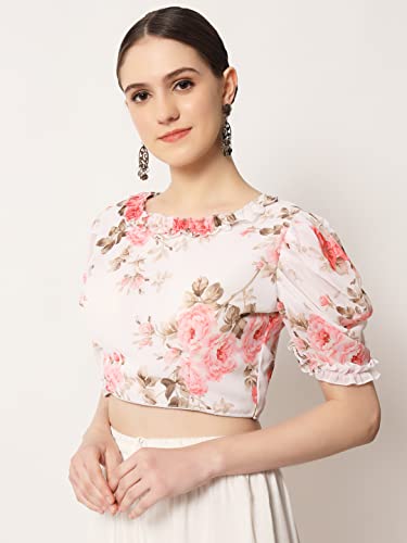 ANTHARI DESIGNER Women's Floral Printed Indian Ethnic wear Georgett Puffy Sleeve Round Neck Line Frill Pattern White Saree Blouse Simple Trendy Blouse White