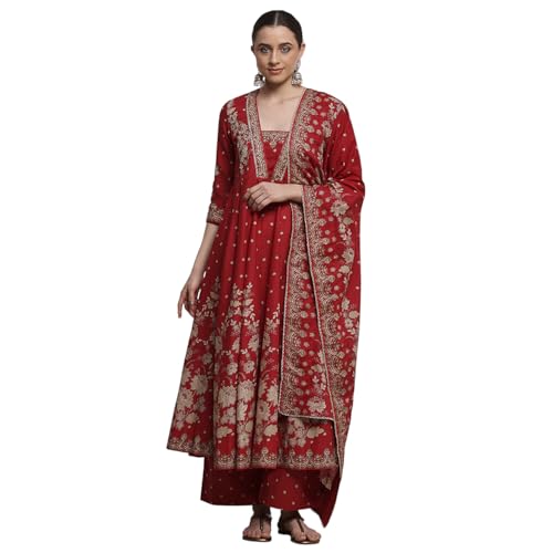 Biba Women Red Cotton Anarkali Printed Suit Set_38